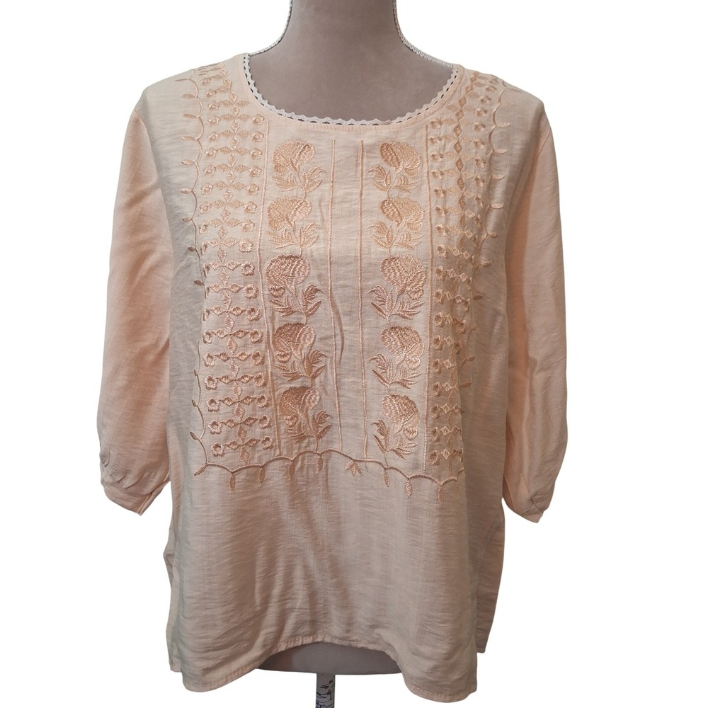 Peach Embroidered Boho Floral Blouse XL Lace Trim 3/4 Sleeve Cottagecore Top